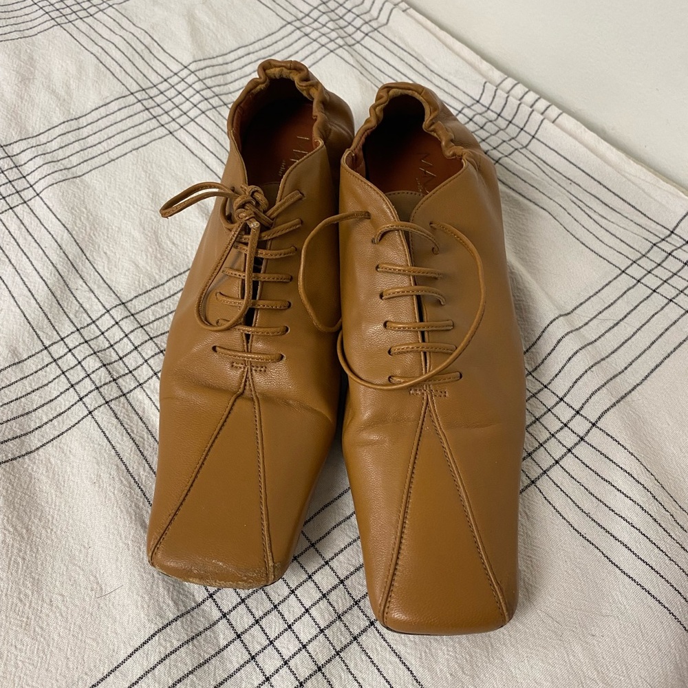 Manu Atelier Lace Up Leather Duck Mini Heel Loafers Size 39 /‎ 8